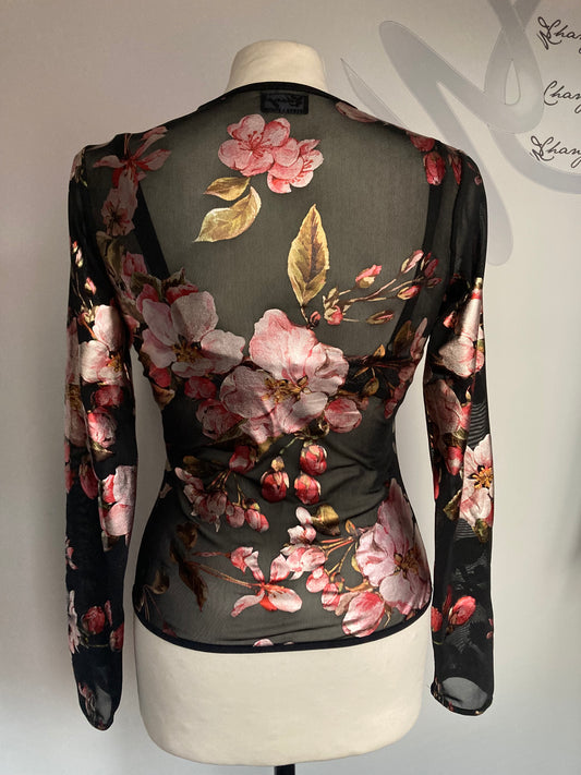 LONG SLEEVE FLORAL PRINT MESH TOP